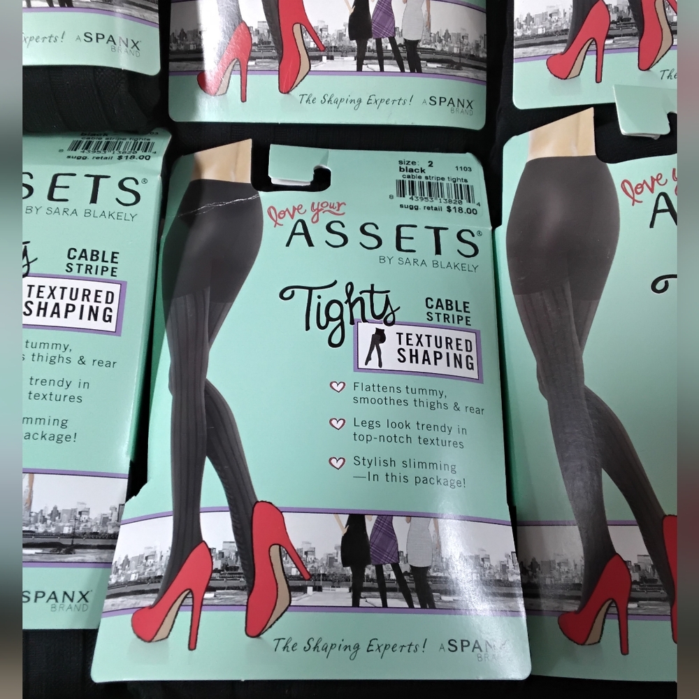 (LOT OF 2 )SPANX ASSETS by Sara Blakely Black Cable Stripe Shaping Tights Size 2